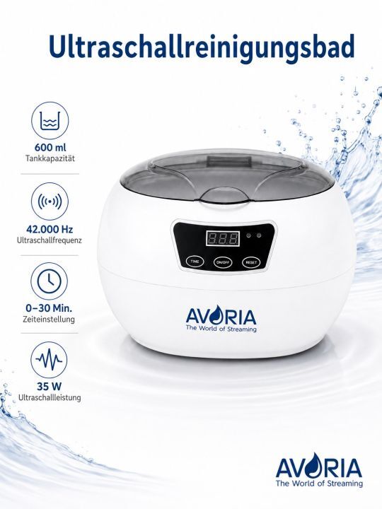 AVORIA Ultraschallreiniger 600 ml – 600 ml Edelstahltank, 42 kHz, Timer bis 30 Minuten